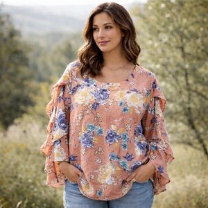 NWT Mystree 100% Cotton Floral Ruffle Long Sleeve Top